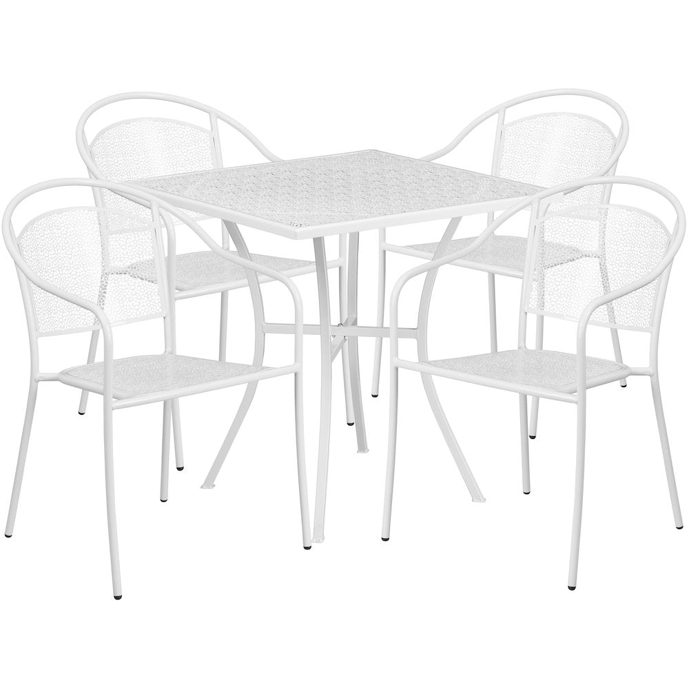 28" Square White Indoor-Outdoor Steel Patio Table Set with 4 Round Back Chairs