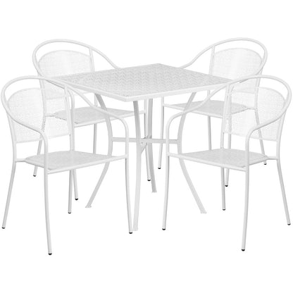 28" Square White Indoor-Outdoor Steel Patio Table Set with 4 Round Back Chairs