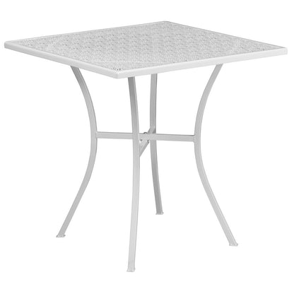 28" Square White Indoor-Outdoor Steel Patio Table Set with 4 Round Back Chairs