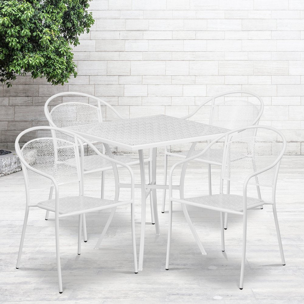 28" Square White Indoor-Outdoor Steel Patio Table Set with 4 Round Back Chairs
