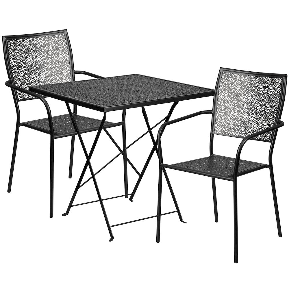28" Black Indoor-Outdoor Steel Folding Patio Table Set with 2 Back Chairs