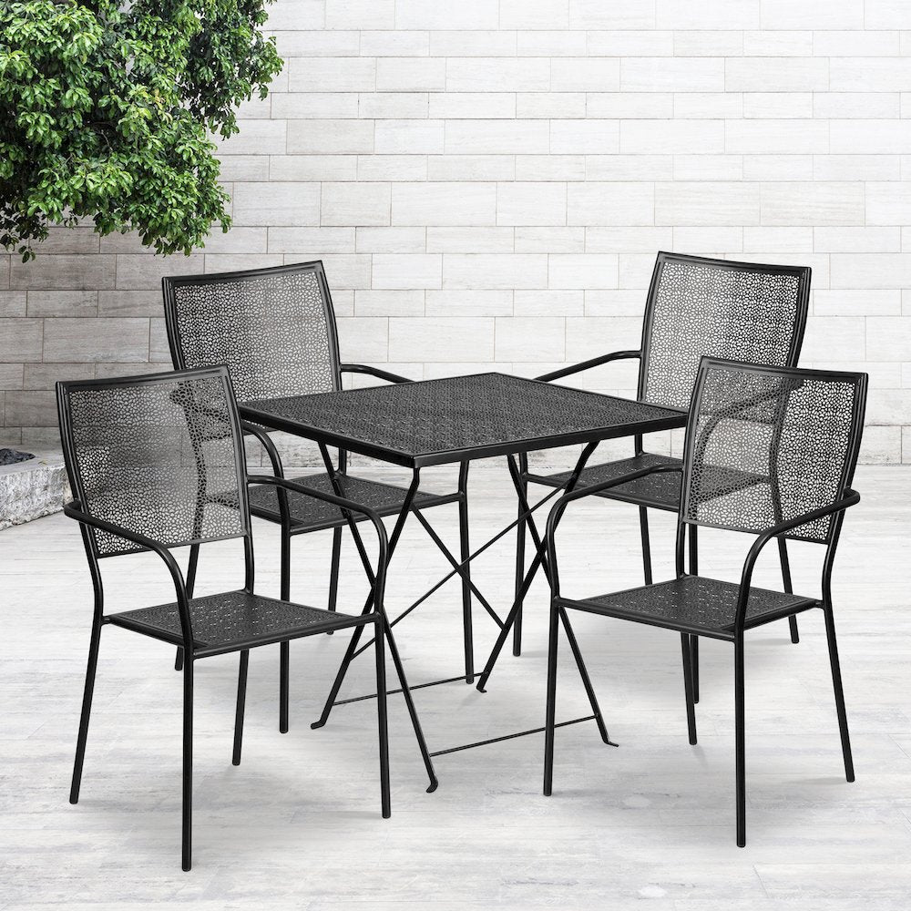 Commercial Grade 28" Square Black Indoor-Outdoor Steel Folding Patio Table Set with 4 Square Back Chairs