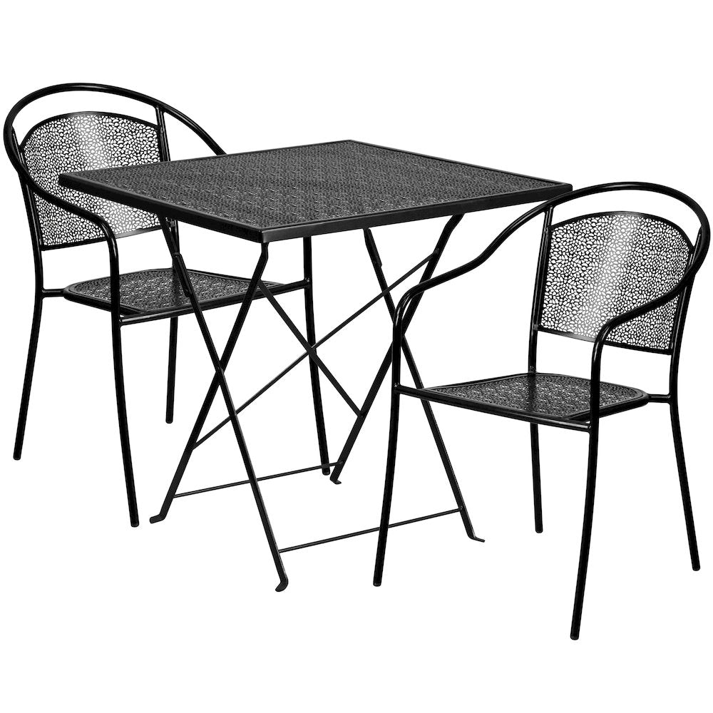 28" Black Indoor-Outdoor Steel Folding Patio Table Set with 2 Round Back Chairs