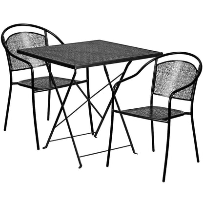 28" Black Indoor-Outdoor Steel Folding Patio Table Set with 2 Round Back Chairs