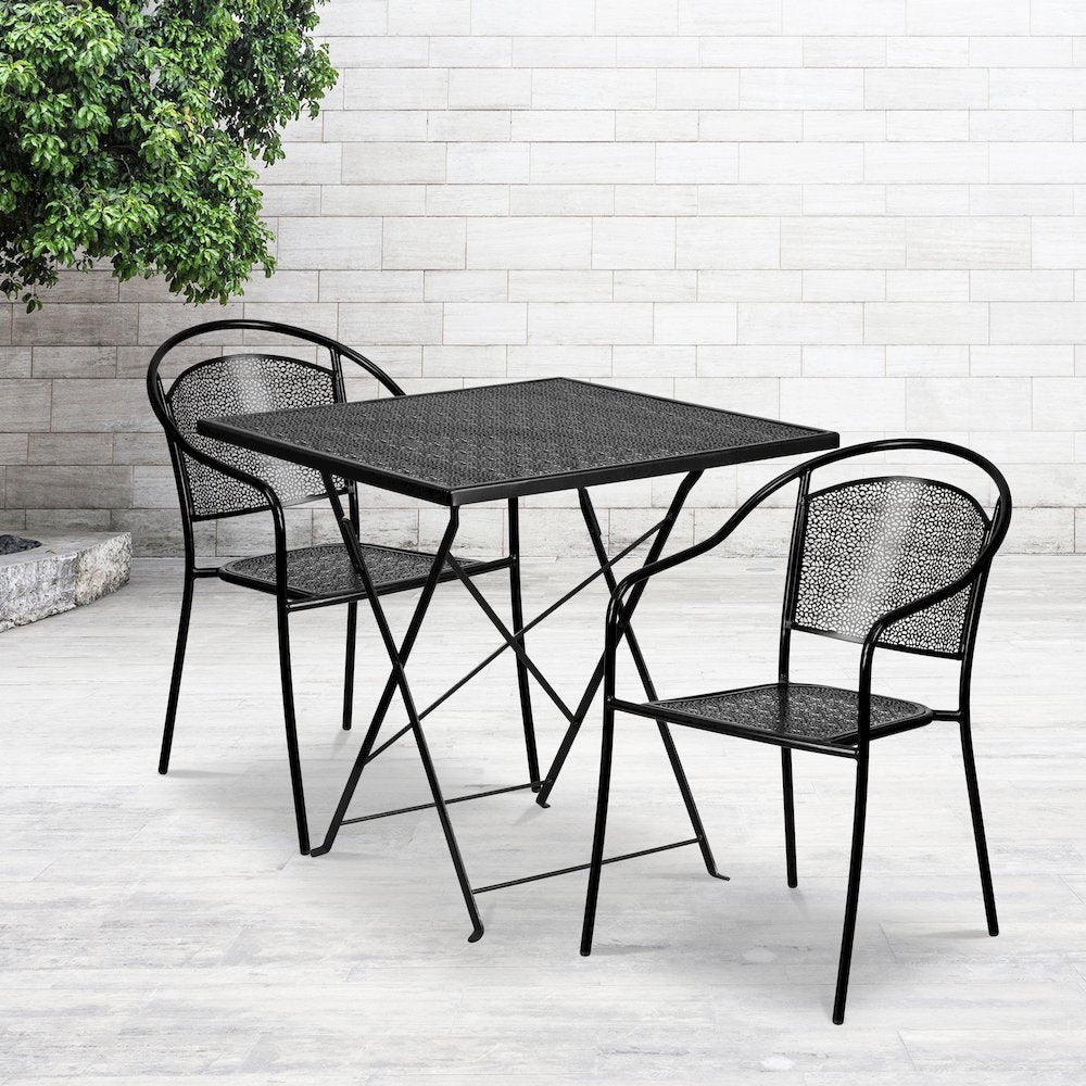 28" Black Indoor-Outdoor Steel Folding Patio Table Set with 2 Round Back Chairs