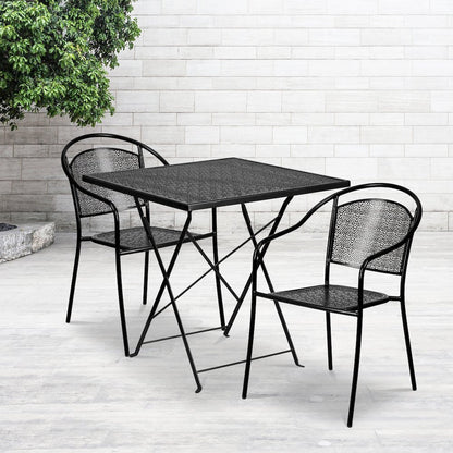 28" Black Indoor-Outdoor Steel Folding Patio Table Set with 2 Round Back Chairs