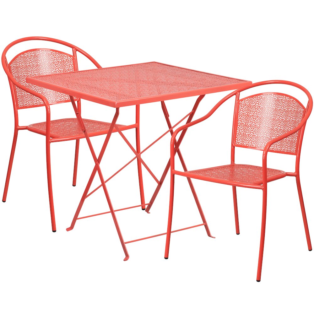 Commercial Grade 28" Square Coral Indoor-Outdoor Steel Folding Patio Table Set with 2 Round Back Chairs