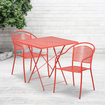 Commercial Grade 28" Square Coral Indoor-Outdoor Steel Folding Patio Table Set with 2 Round Back Chairs