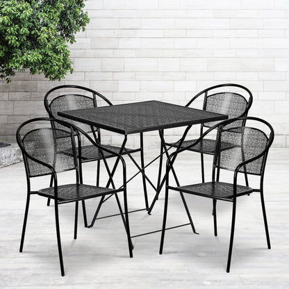 28" Black Indoor-Outdoor Steel Folding Patio Table Set with 4 Round Back Chairs