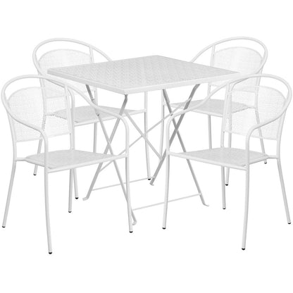 28" White Indoor-Outdoor Steel Folding Patio Table Set with 4 Round Back Chairs