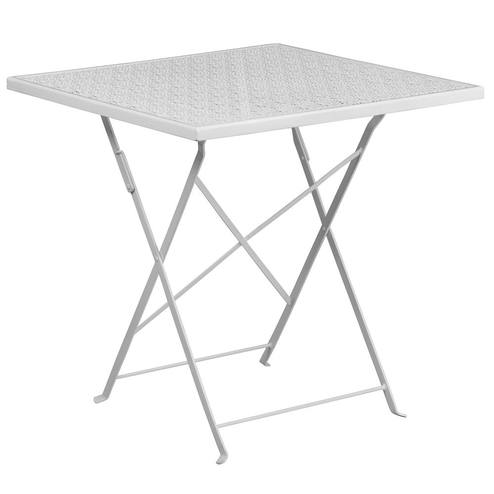 28" White Indoor-Outdoor Steel Folding Patio Table Set with 4 Round Back Chairs
