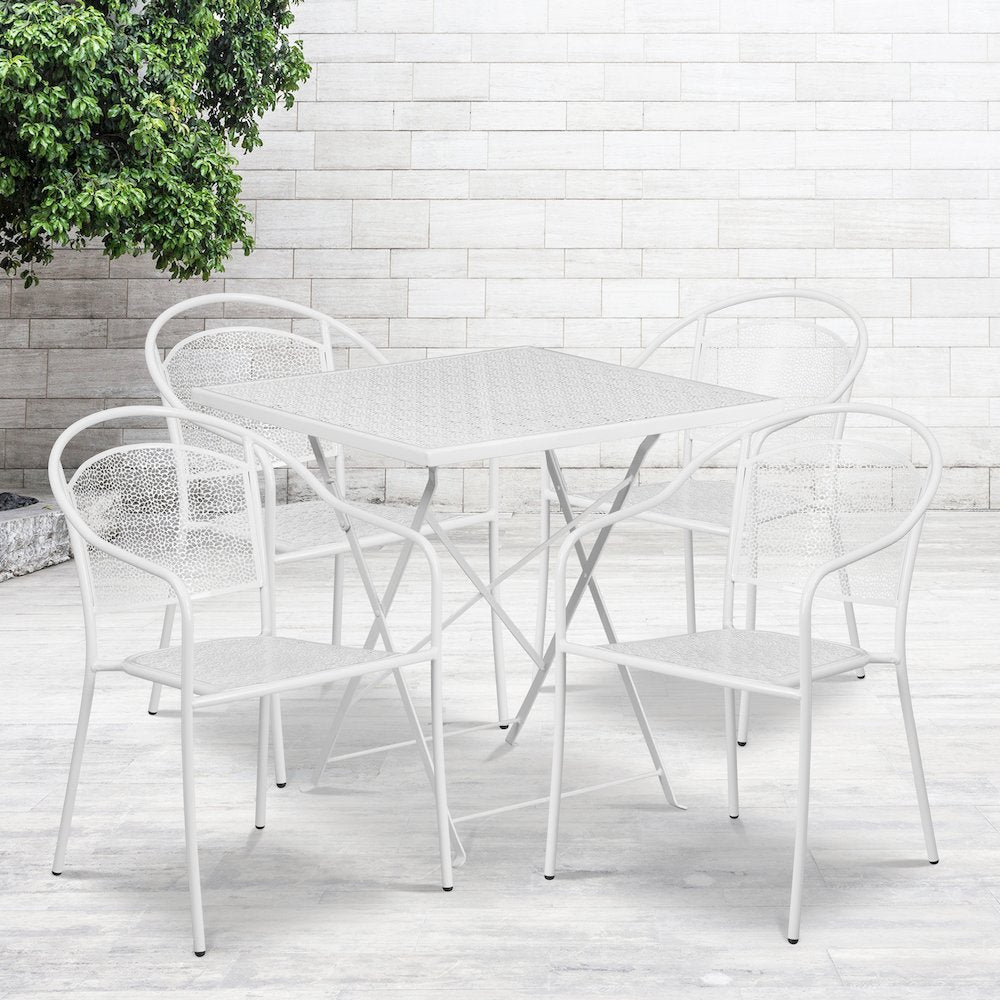 28" White Indoor-Outdoor Steel Folding Patio Table Set with 4 Round Back Chairs