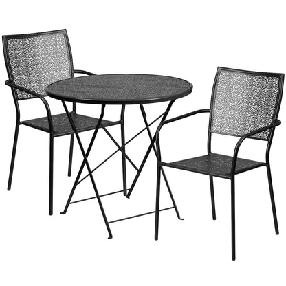 30" Round Black Indoor-Outdoor Steel Folding Patio Table Set with 2 Back Chairs