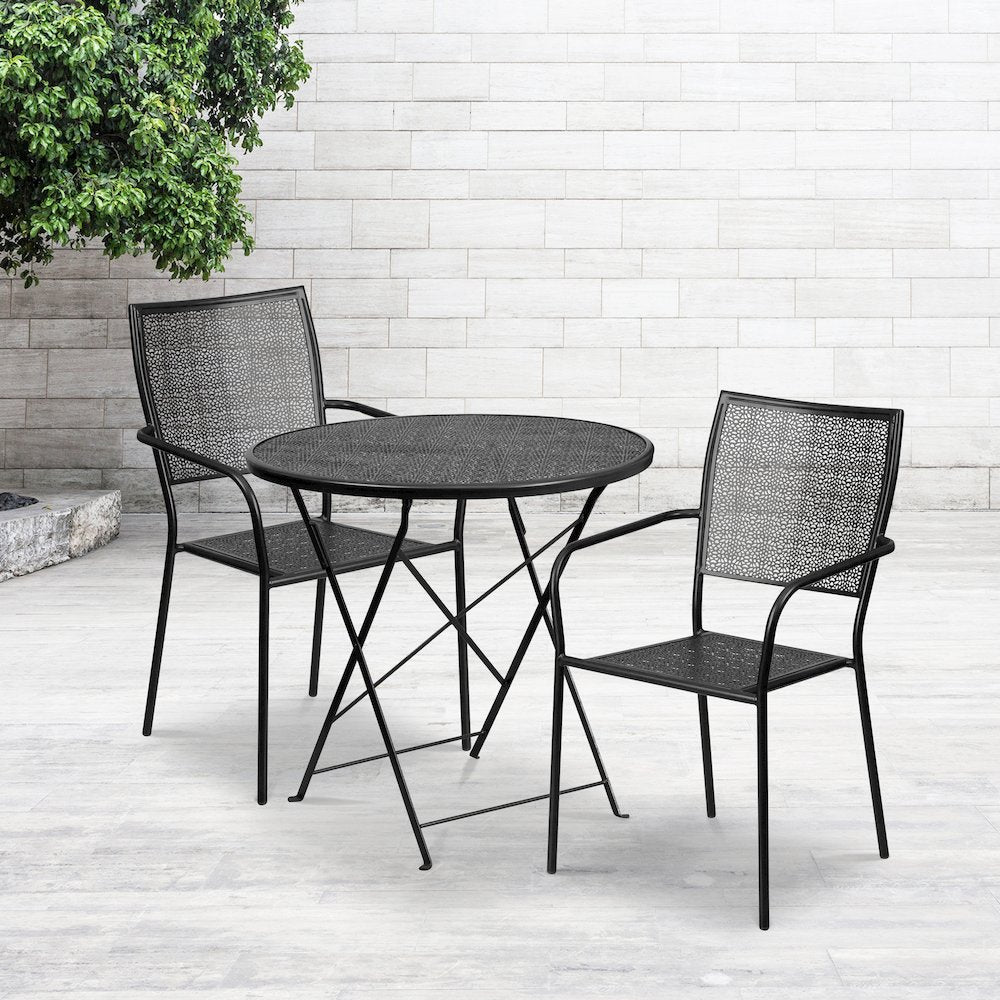30" Round Black Indoor-Outdoor Steel Folding Patio Table Set with 2 Back Chairs