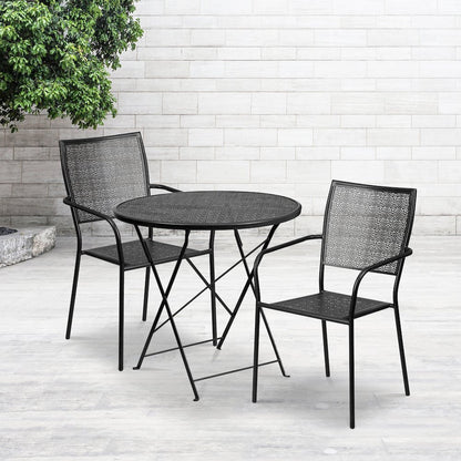 30" Round Black Indoor-Outdoor Steel Folding Patio Table Set with 2 Back Chairs