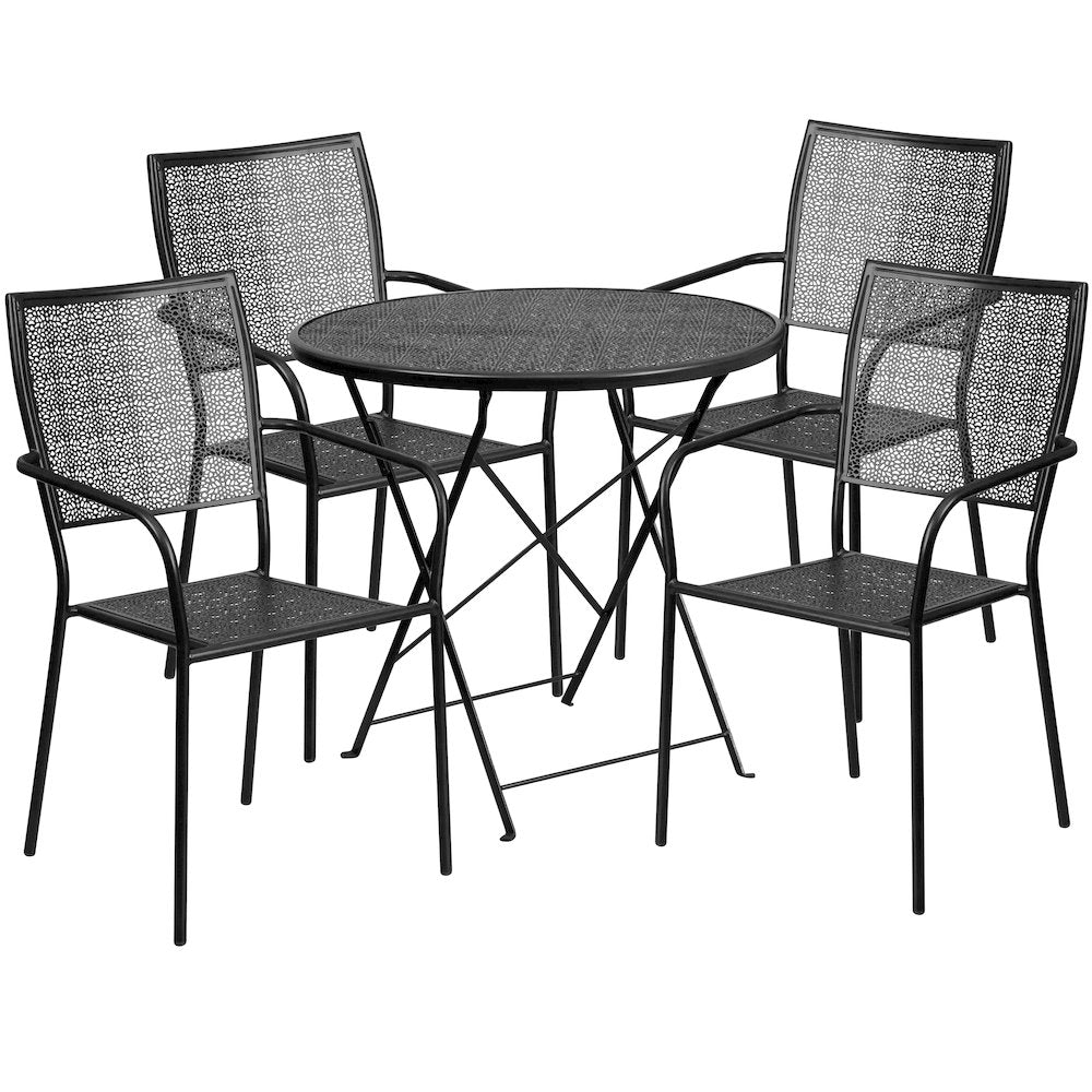 30" Round Black Indoor-Outdoor Steel Folding Patio Table Set with 4 Back Chairs
