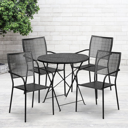 30" Round Black Indoor-Outdoor Steel Folding Patio Table Set with 4 Back Chairs