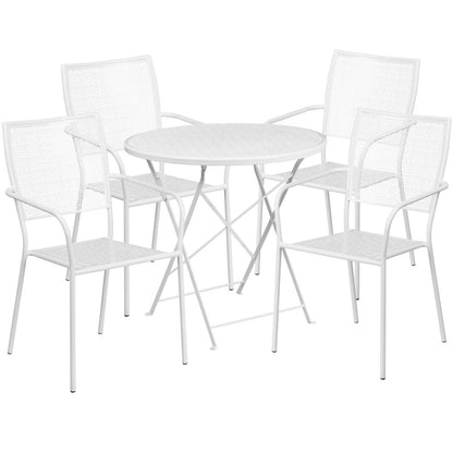 30" Round White Indoor-Outdoor Steel Folding Patio Table Set with 4 Back Chairs