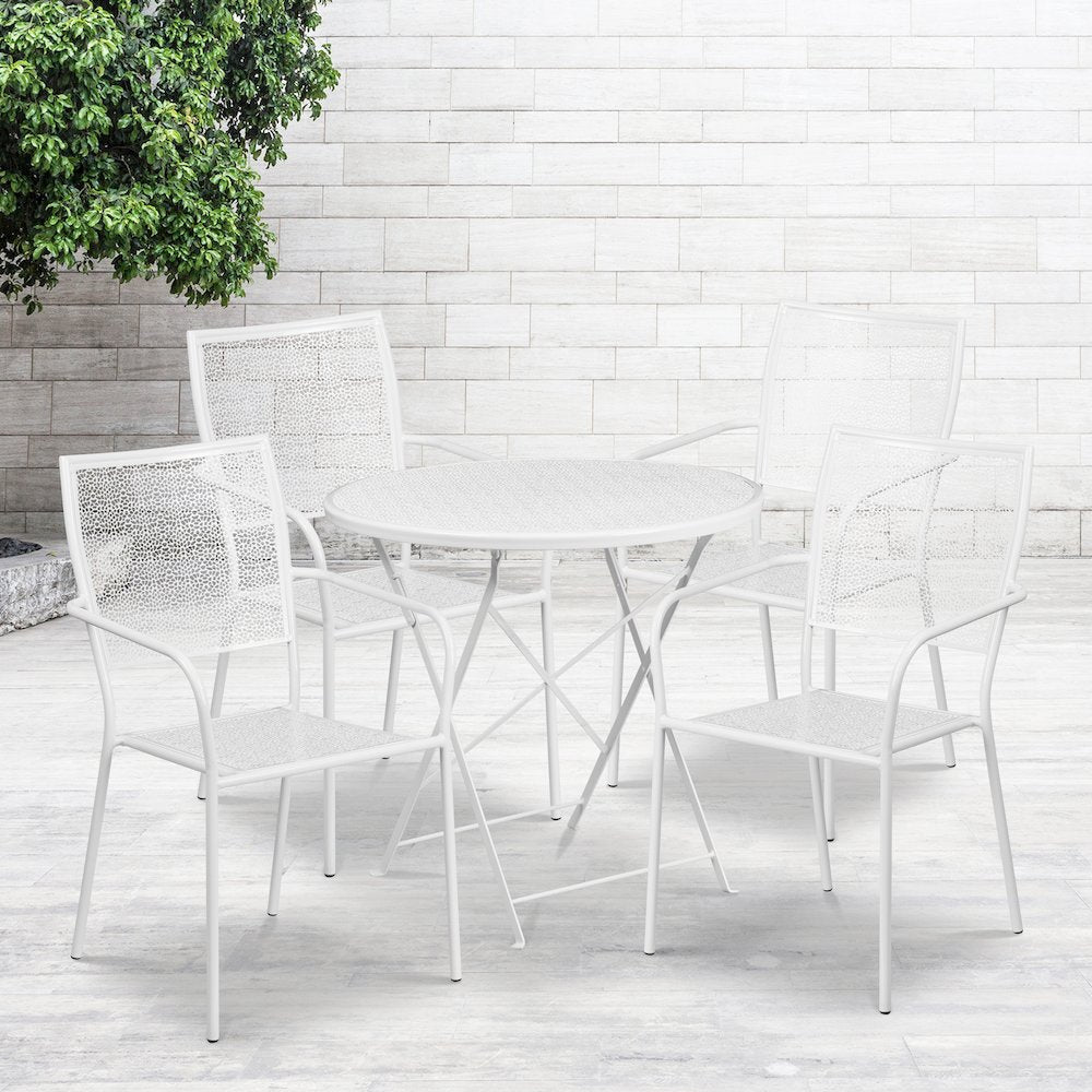 30" Round White Indoor-Outdoor Steel Folding Patio Table Set with 4 Back Chairs