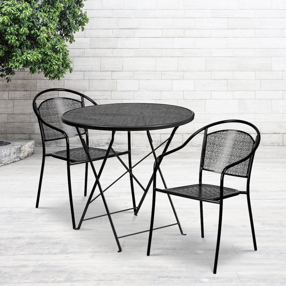 30" Round Black Indoor-Steel Folding Patio Table Set with 2 Round Back Chairs