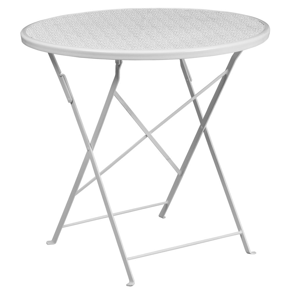30" Round White Indoor-Steel Folding Patio Table Set with 2 Round Back Chairs