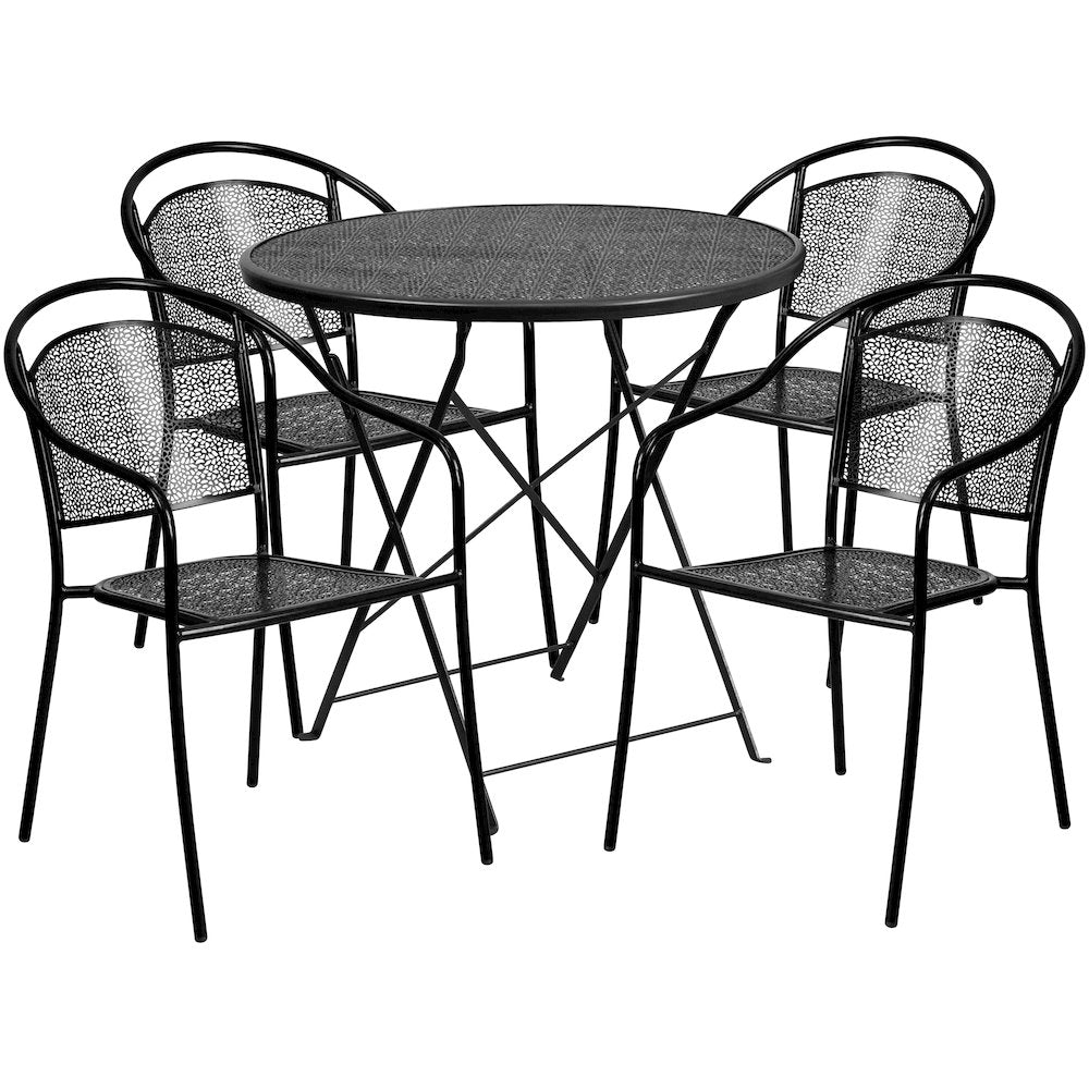 30" Round Black Indoor-Steel Folding Patio Table Set with 4 Round Back Chairs