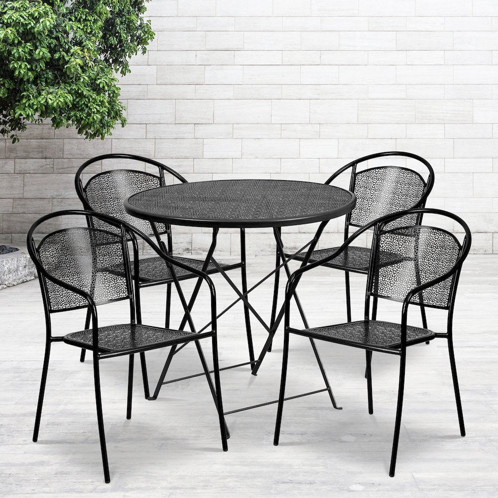 30" Round Black Indoor-Steel Folding Patio Table Set with 4 Round Back Chairs