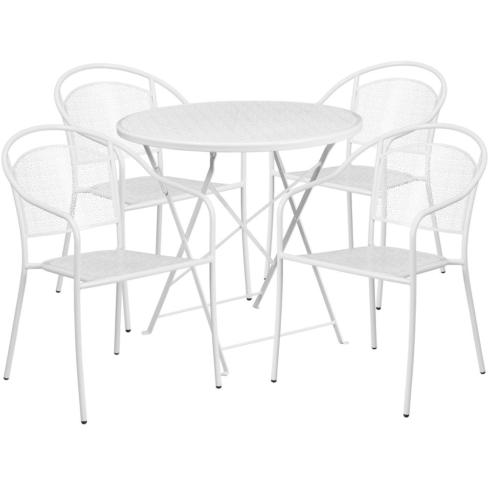30" Round White Indoor-Steel Folding Patio Table Set with 4 Round Back Chairs
