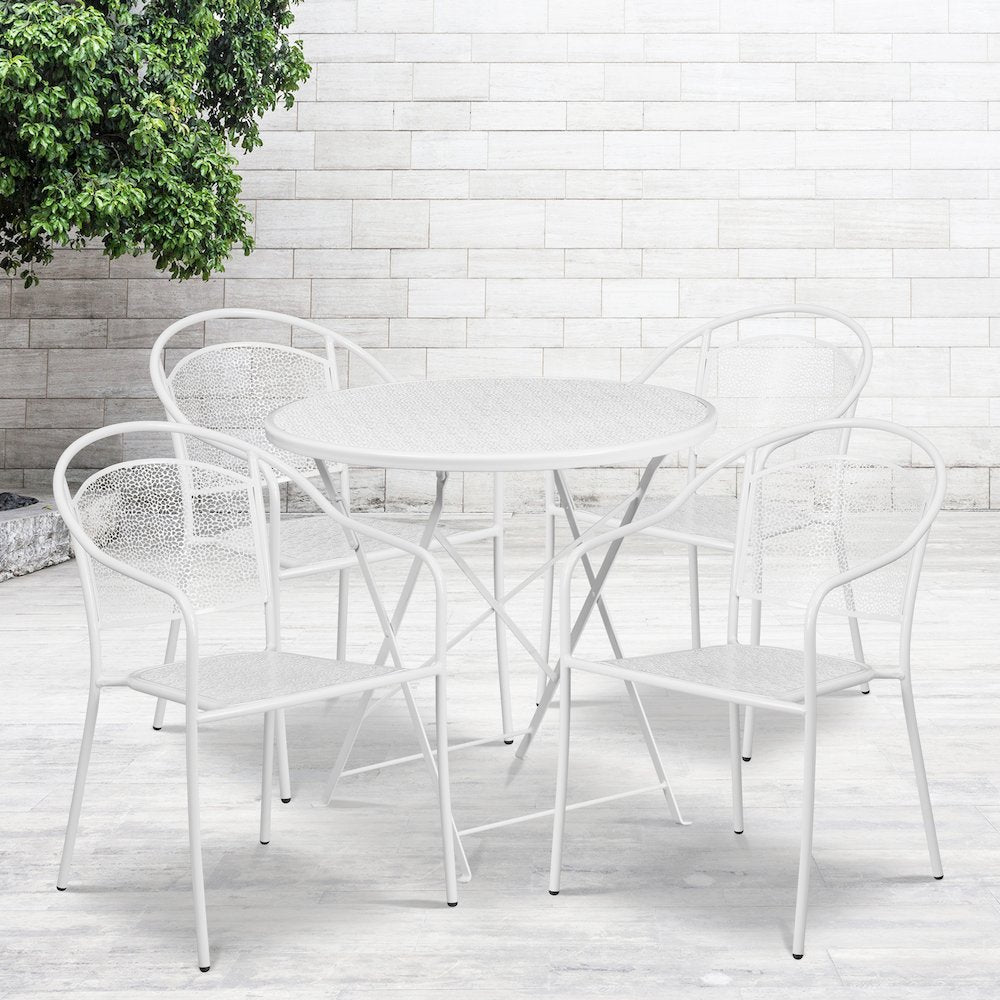 30" Round White Indoor-Steel Folding Patio Table Set with 4 Round Back Chairs