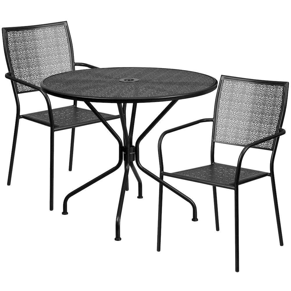 35.25" Round Black Indoor-Outdoor Steel Patio Table Set with 2 Back Chairs