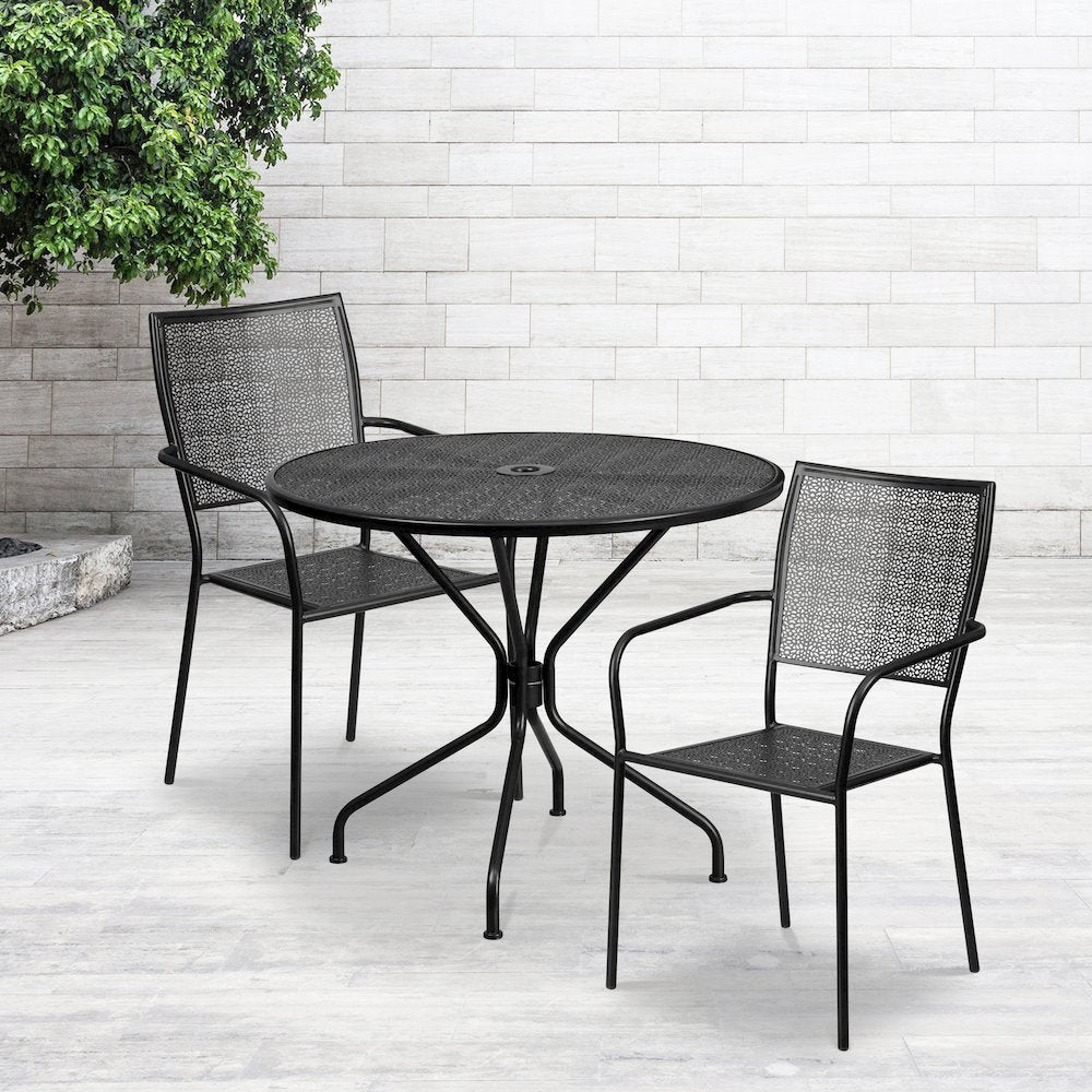35.25" Round Black Indoor-Outdoor Steel Patio Table Set with 2 Back Chairs