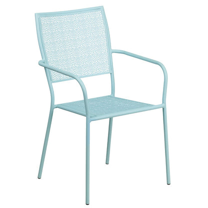 Commercial Grade 35.25" Round Sky Blue Indoor-Outdoor Steel Patio Table Set with 2 Square Back Chairs