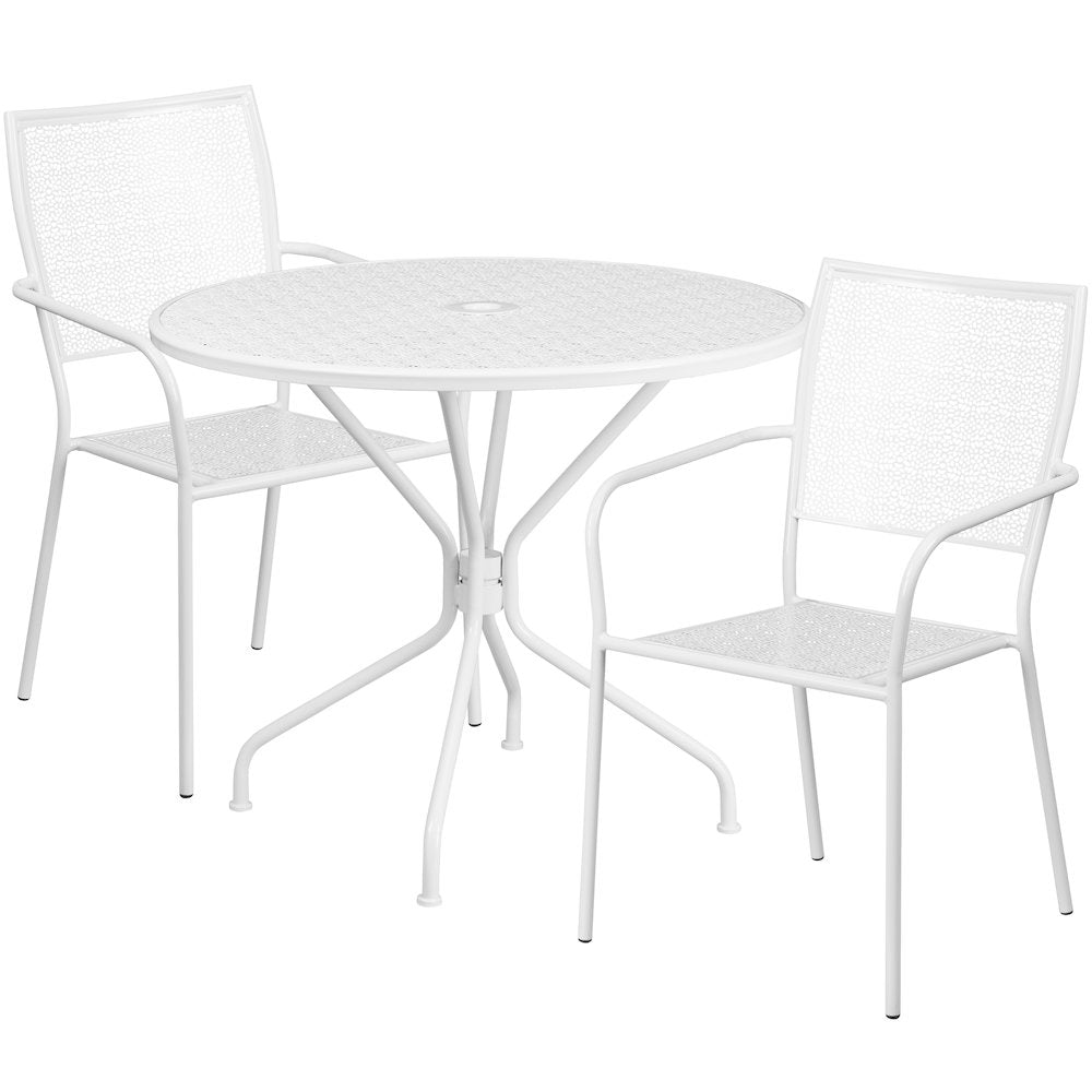 35.25" Round White Indoor-Outdoor Steel Patio Table Set with 2 Back Chairs