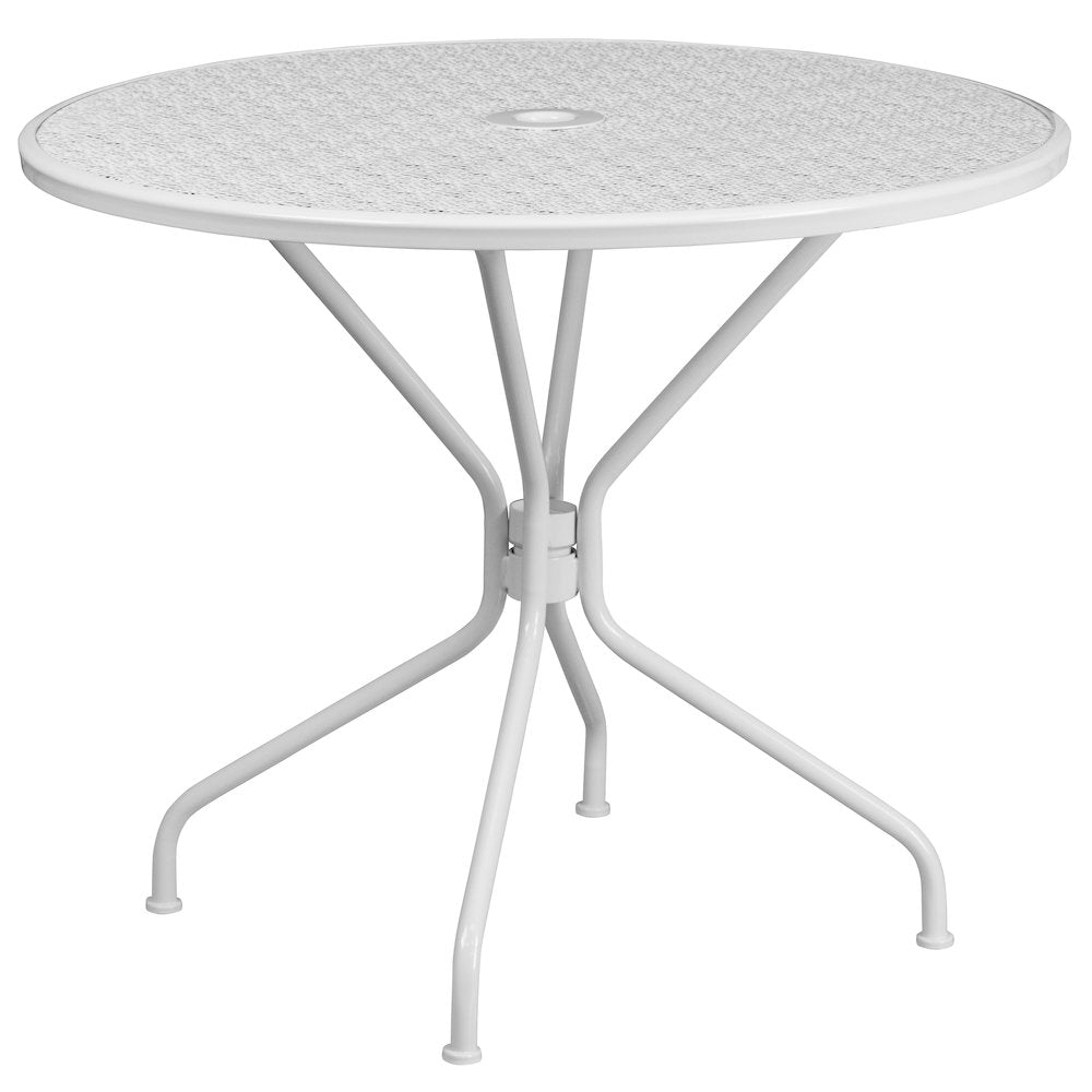 35.25" Round White Indoor-Outdoor Steel Patio Table Set with 2 Back Chairs
