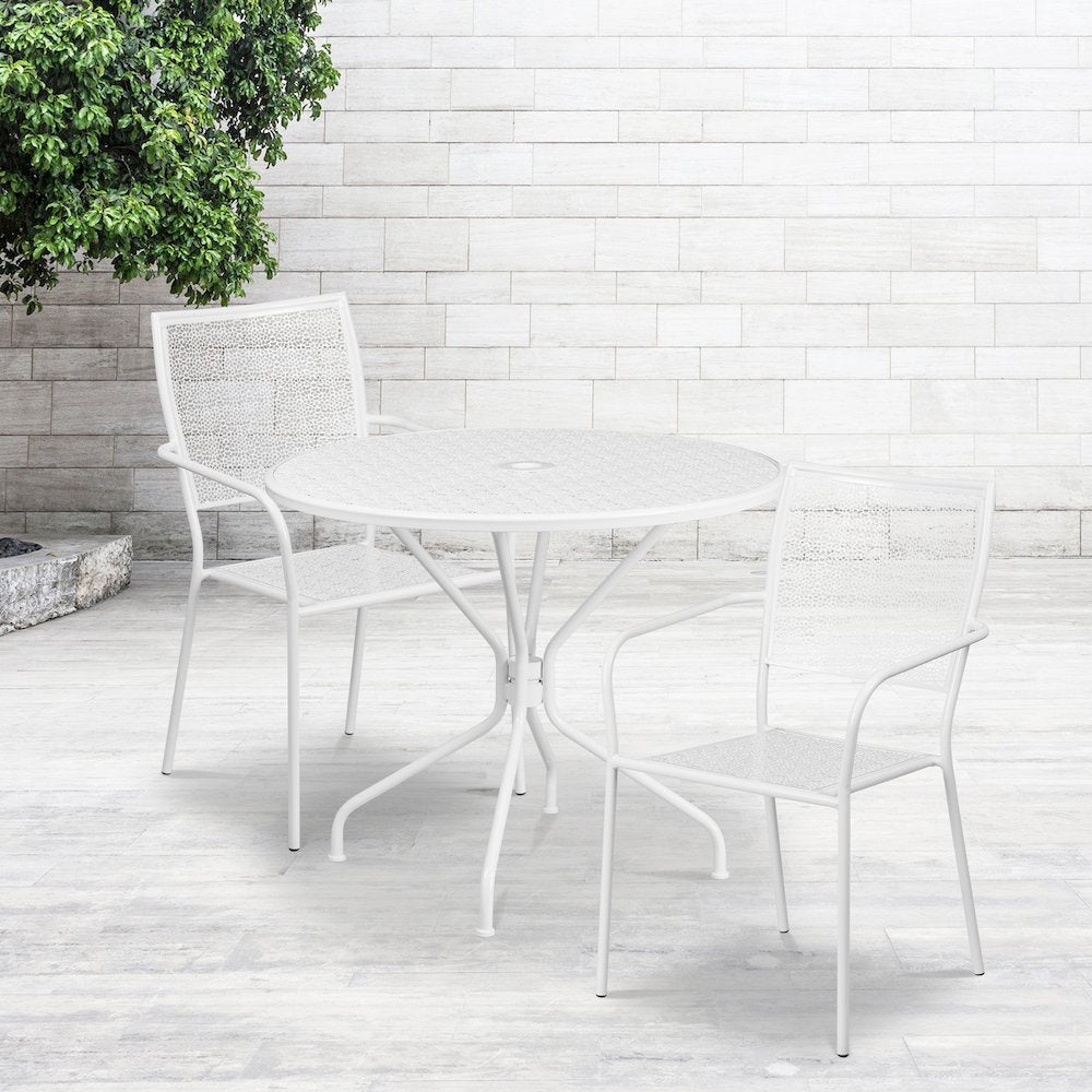 35.25" Round White Indoor-Outdoor Steel Patio Table Set with 2 Back Chairs