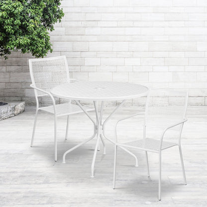 35.25" Round White Indoor-Outdoor Steel Patio Table Set with 2 Back Chairs