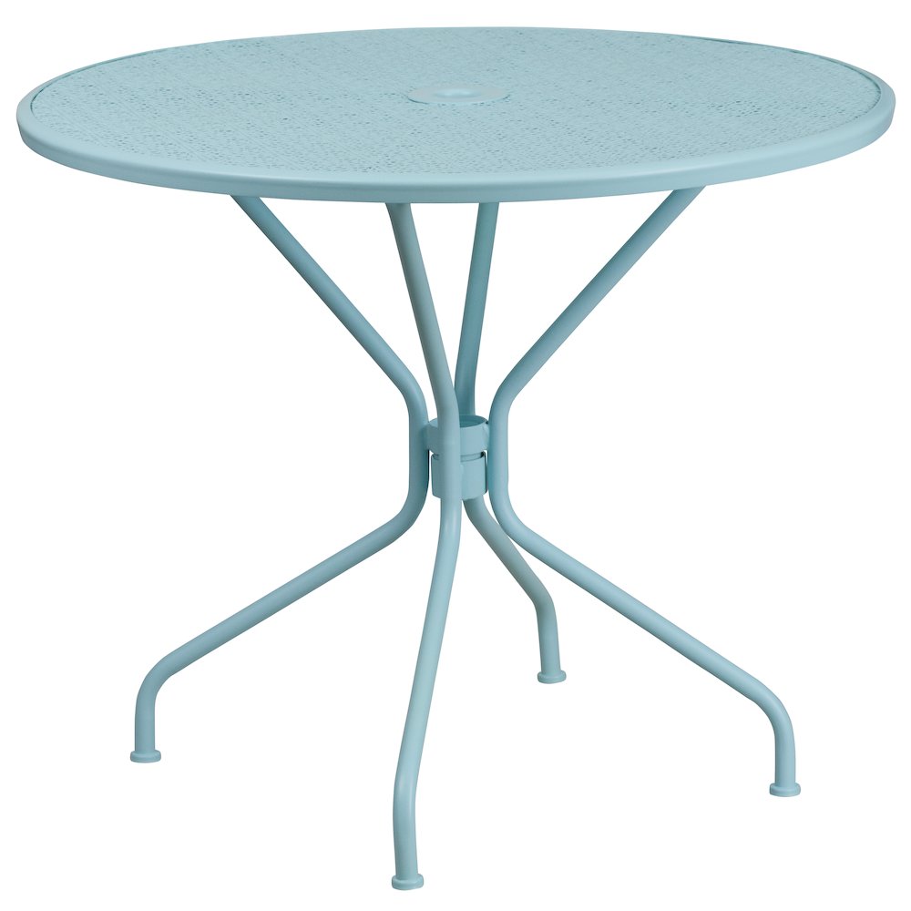 35.25" Round Sky Blue Indoor-Outdoor Steel Patio Table Set with 4 Back Chairs