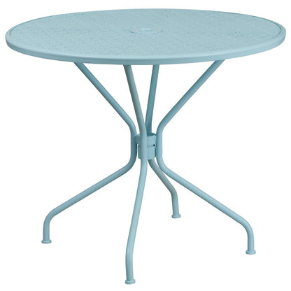35.25" Round Sky Blue Indoor-Outdoor Steel Patio Table Set with 4 Back Chairs