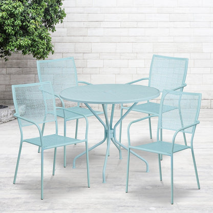 35.25" Round Sky Blue Indoor-Outdoor Steel Patio Table Set with 4 Back Chairs