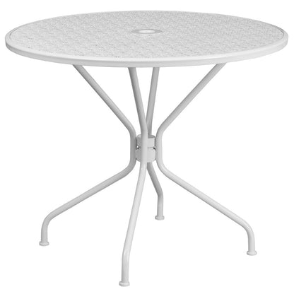 Commercial Grade 35.25" Round White Indoor-Outdoor Steel Patio Table Set with 4 Square Back Chairs