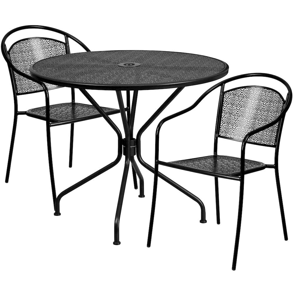 35.25" Round Black Indoor-Outdoor Steel Patio Table Set with 2 Round Back Chairs