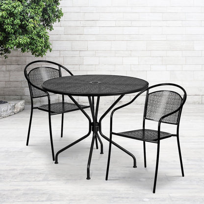 35.25" Round Black Indoor-Outdoor Steel Patio Table Set with 2 Round Back Chairs