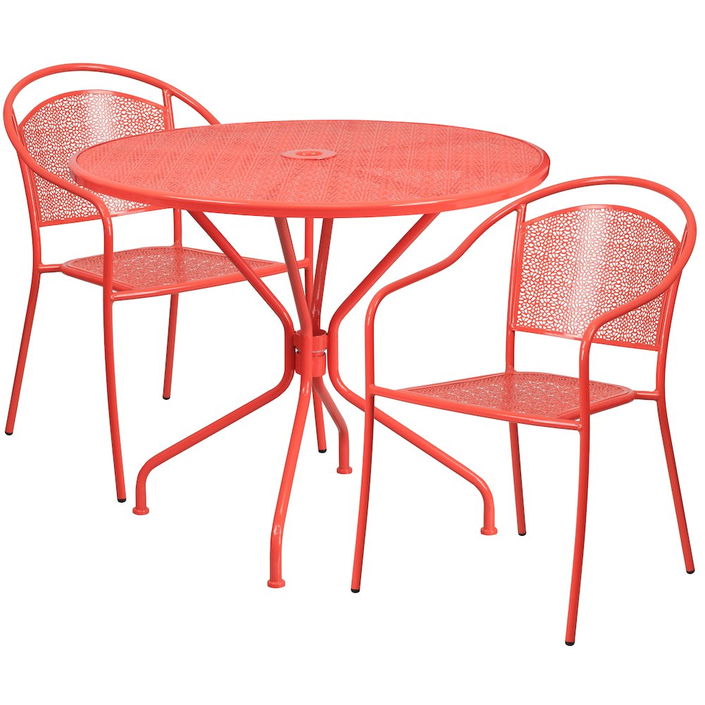 35.25" Round Coral Indoor-Outdoor Steel Patio Table Set with 2 Round Back Chairs