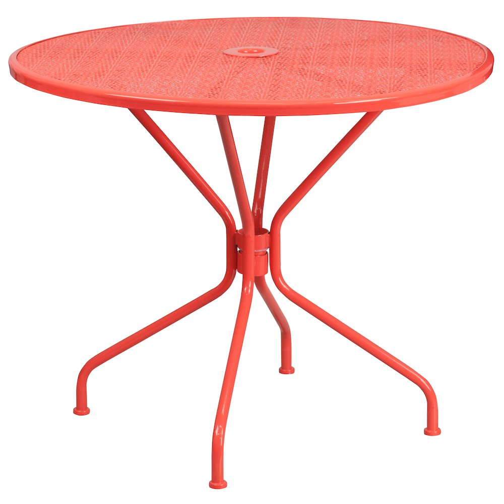 35.25" Round Coral Indoor-Outdoor Steel Patio Table Set with 2 Round Back Chairs