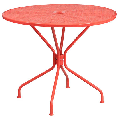 35.25" Round Coral Indoor-Outdoor Steel Patio Table Set with 2 Round Back Chairs