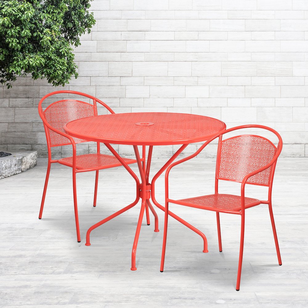 35.25" Round Coral Indoor-Outdoor Steel Patio Table Set with 2 Round Back Chairs