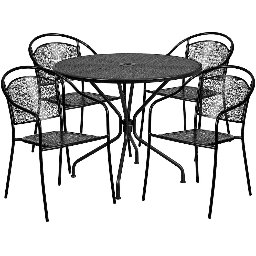 35.25" Round Black Indoor-Outdoor Steel Patio Table Set with 4 Round Back Chairs