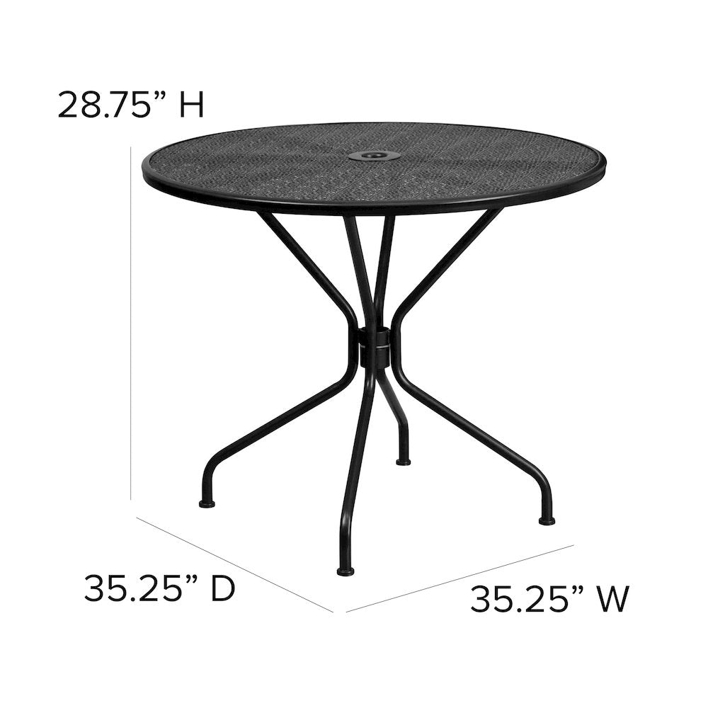 35.25" Round Black Indoor-Outdoor Steel Patio Table Set with 4 Round Back Chairs