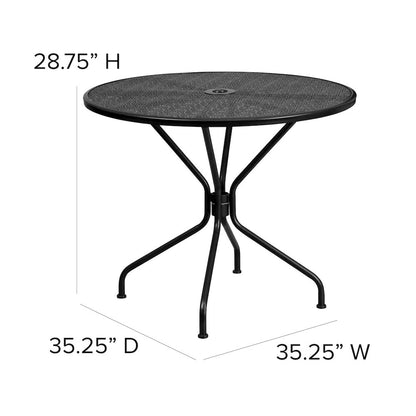 35.25" Round Black Indoor-Outdoor Steel Patio Table Set with 4 Round Back Chairs