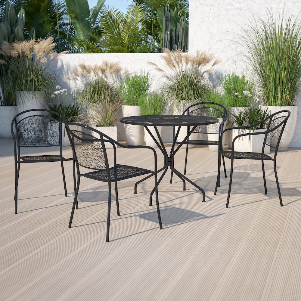 35.25" Round Black Indoor-Outdoor Steel Patio Table Set with 4 Round Back Chairs